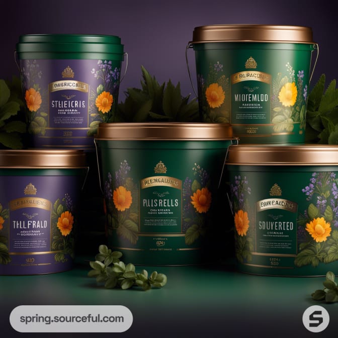 Five tins with floral designs and greenery, in purple and green with gold lids.