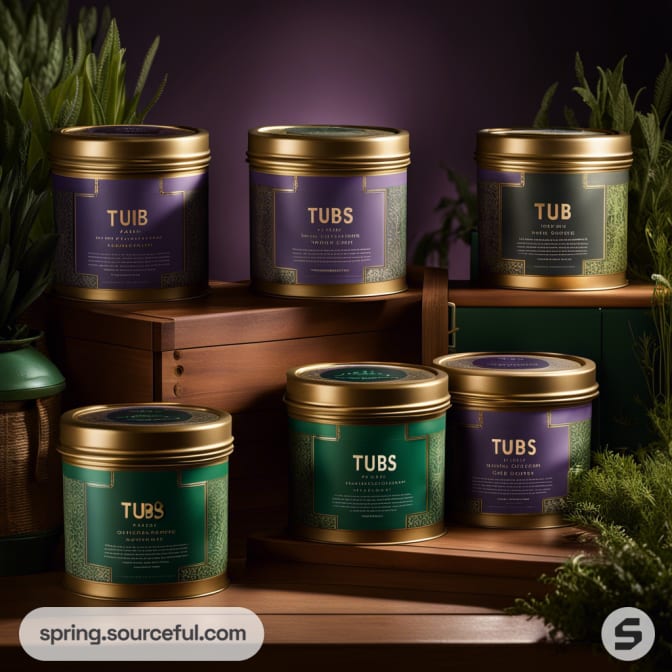 Six small tins with gold lids on wooden stands, in green and purple with foliage.