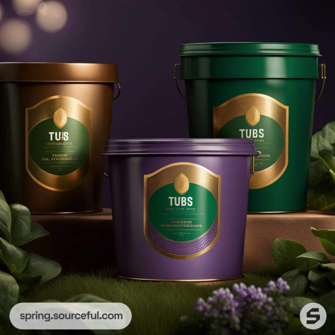 Three large buckets in green and purple with gold accents, set against a dark background.