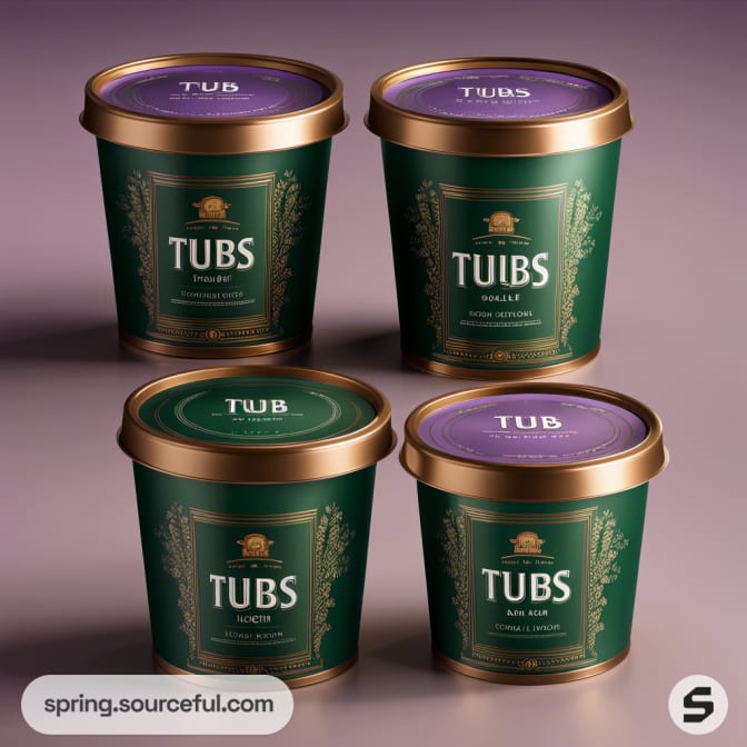 Ice cream-shaped tubs in green and purple with gold trims on a light purple surface.