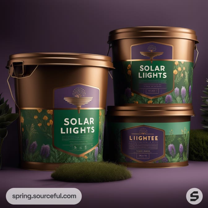 Three large tubs labeled 'Solar Lights' in gold, placed on dark leafy backdrop.