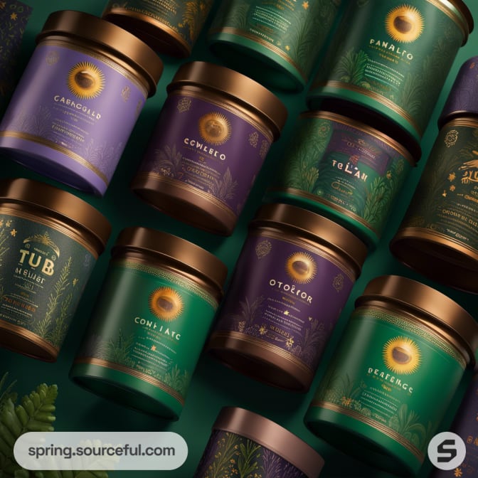 Assorted tins in green and purple with gold lids, laid on a green surface.