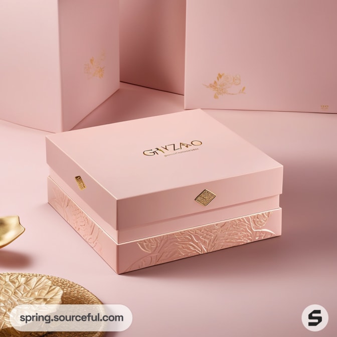 Pink square gift box with gold embossed floral pattern.