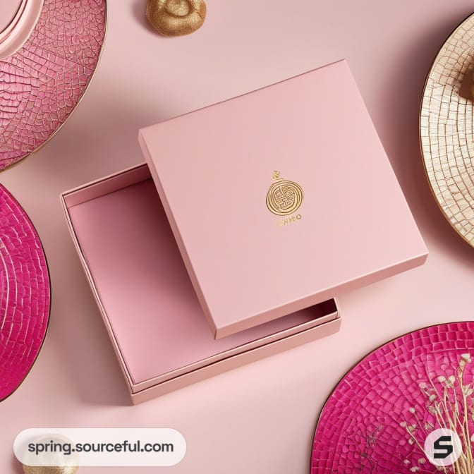 Open pink square box with a gold emblem inside.
