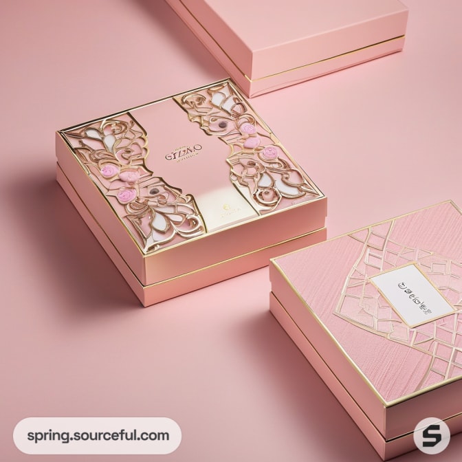 Pink boxes with intricate gold patterns on lids.