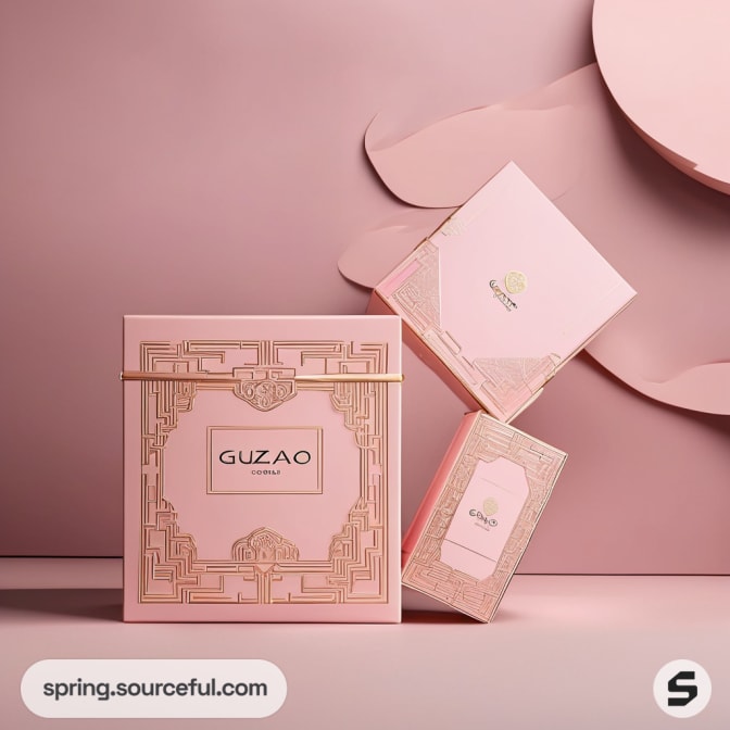 Three pink boxes stacked, featuring gold detailing.