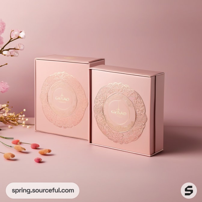 Two pale pink boxes with gold circular designs.