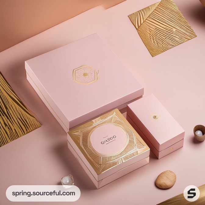 Set of pink boxes with gold accents on a table.