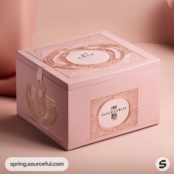 Square pink box with gold circular design on lid.
