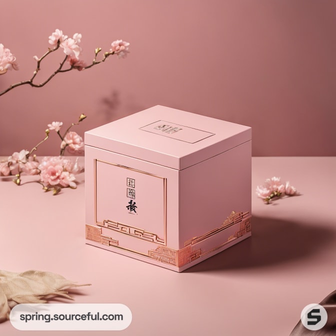 Pink cube gift box with gold decorative border.