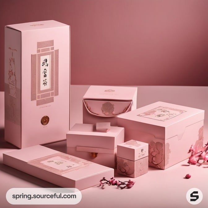 Collection of pink boxes with gold accents on lid.