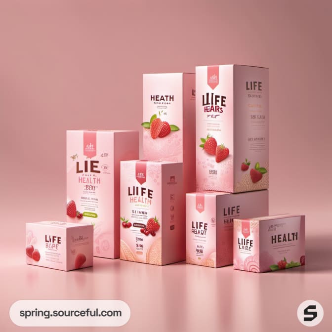 Assorted pink boxes with strawberry-themed designs on a pink backdrop.