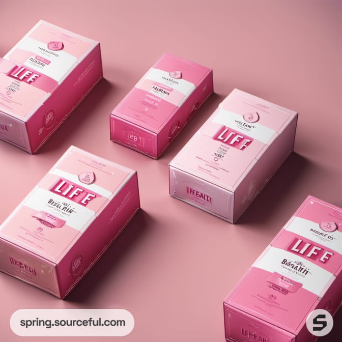 Five pink boxes with similar design on a pink surface.