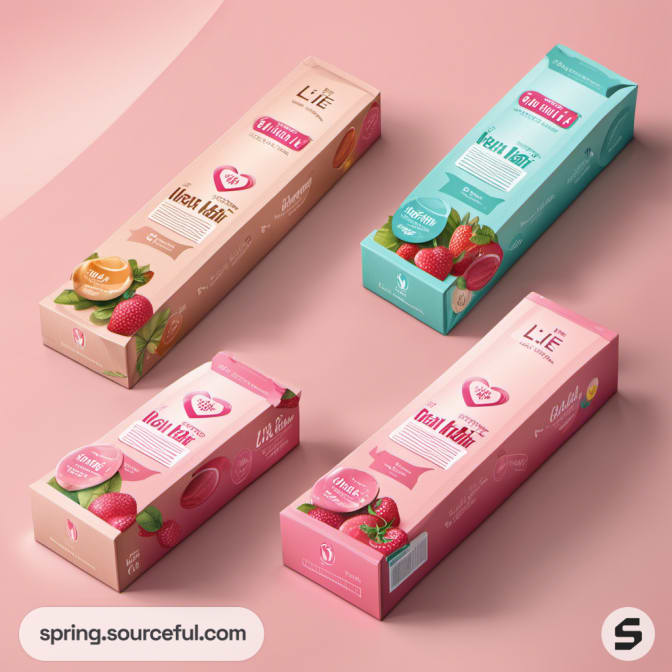 Four colorful boxes with fruit-themed imagery on the tops.