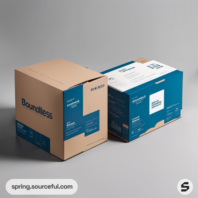 Two cardboard boxes with 'Boundless' branding, featuring blue accents, on a gray background.