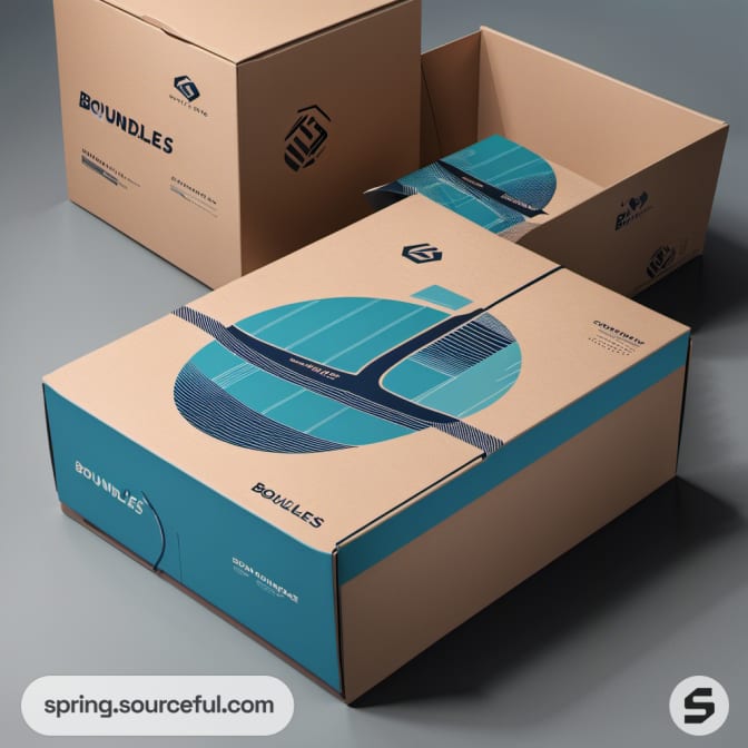 Cardboard boxes with 'Boundles' branding in beige and blue, showcasing intricate patterns.