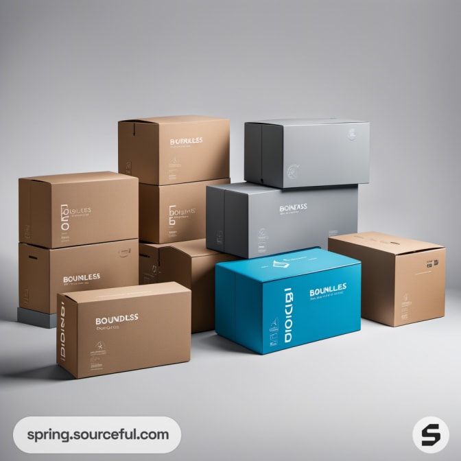 Stack of various sized 'Boundless' branded boxes in beige and blue.