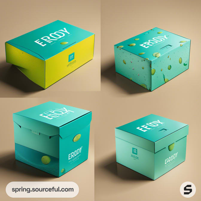 Green and yellow packaging boxes with leafy design.