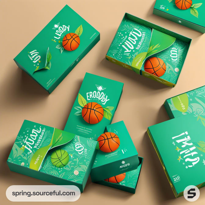 Green and teal open boxes with basketball illustrations.