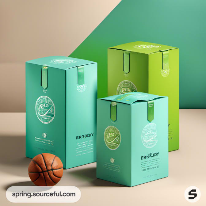 Teal and green boxes with round badges, basketball nearby.