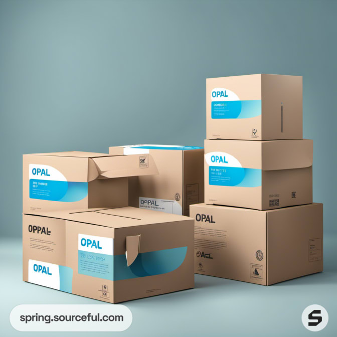 Six stacked brown boxes with blue 'OPAL' accents against a teal wall.
