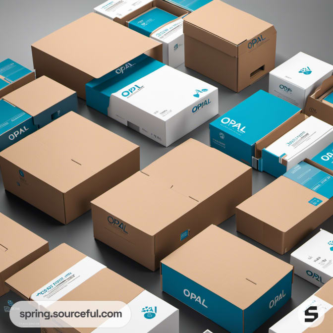 Assortment of brown and blue 'OPAL' boxes arranged on a gray surface.