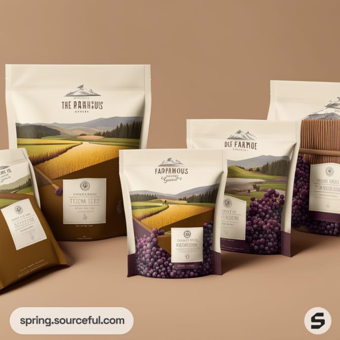 Assorted resealable pouches with scenic farmland images.