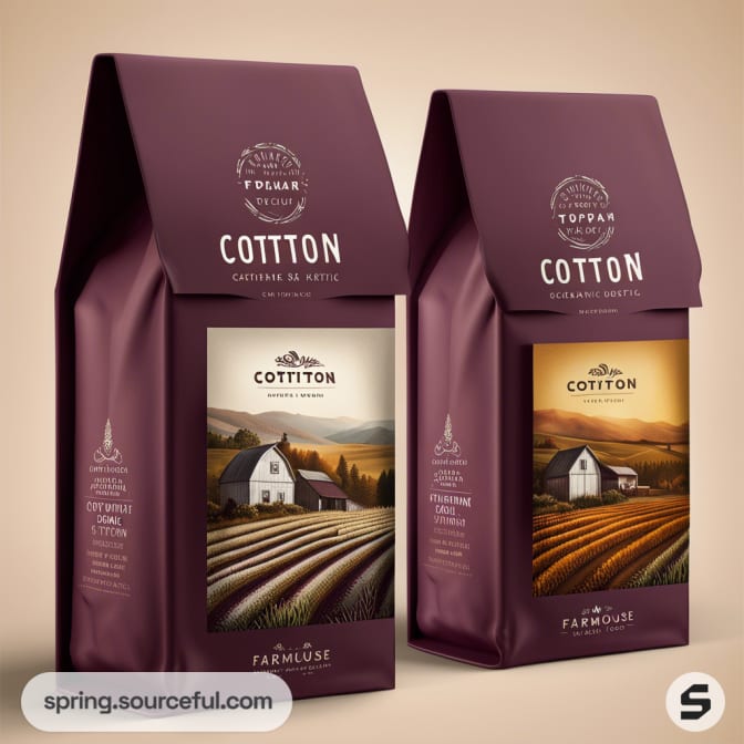 Purple cotton bags with farmhouse and fields imagery.