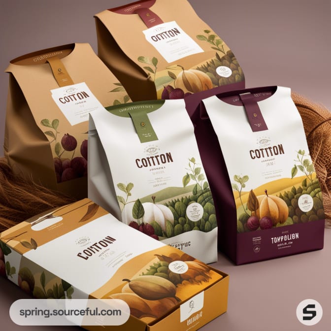 Variety of cotton packaging with vegetable illustrations.