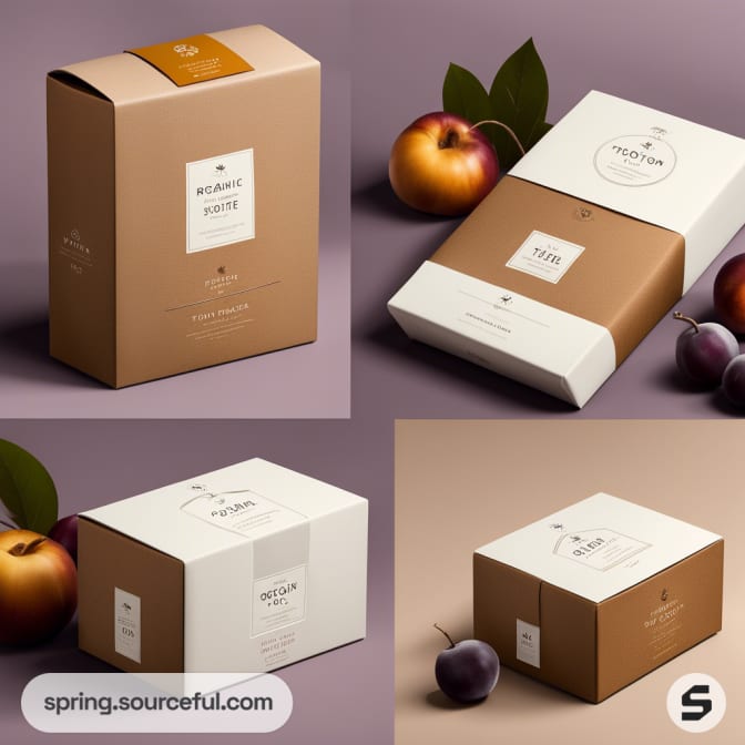 Brown and white rectangular cotton boxes with fruits.