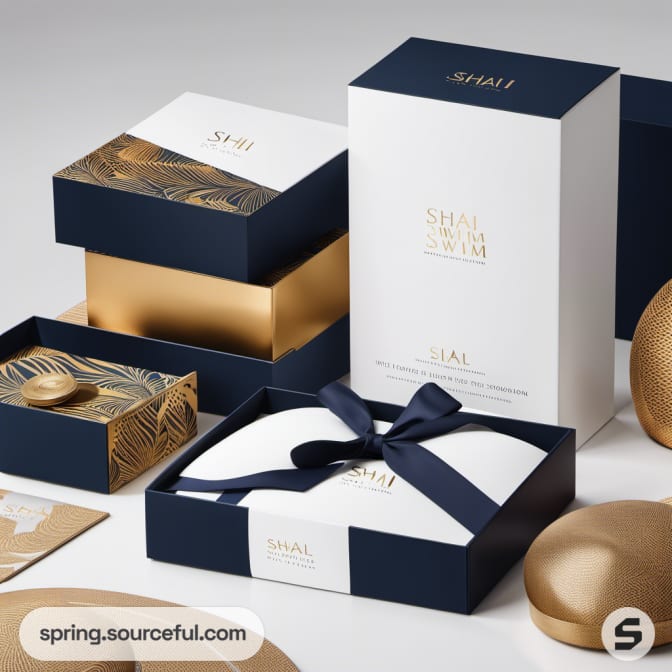 Luxurious navy and gold packaging with elegant patterns and ribbon, featuring boxes and pouches.