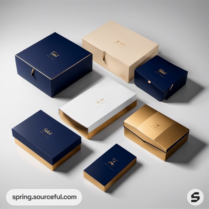 Assorted navy, white, and gold boxes in various sizes, arranged on a neutral background.