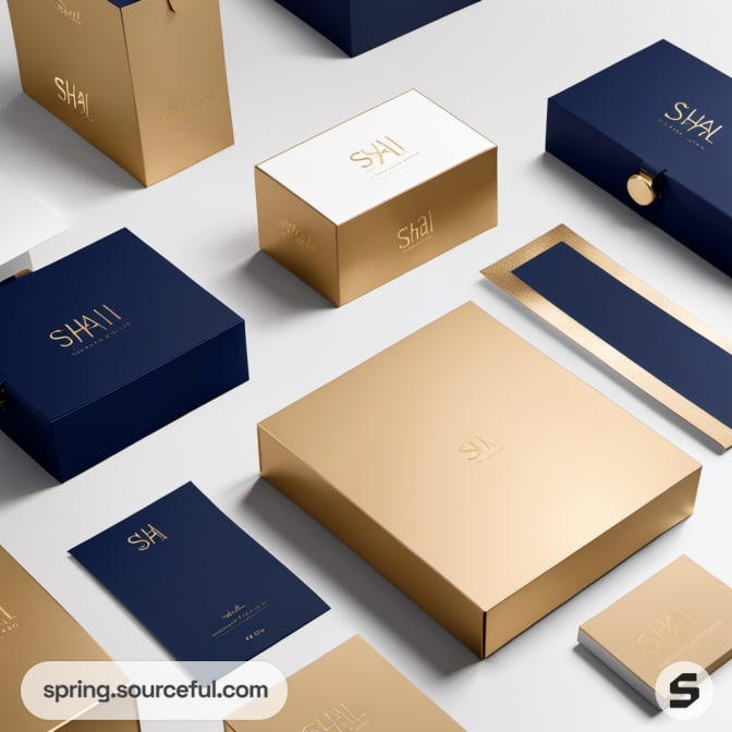 Navy and gold packaging with sleek design, showcasing boxes and smaller items.