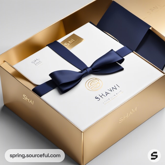 Gold box with white interior, navy ribbon, and a luxury presentation.