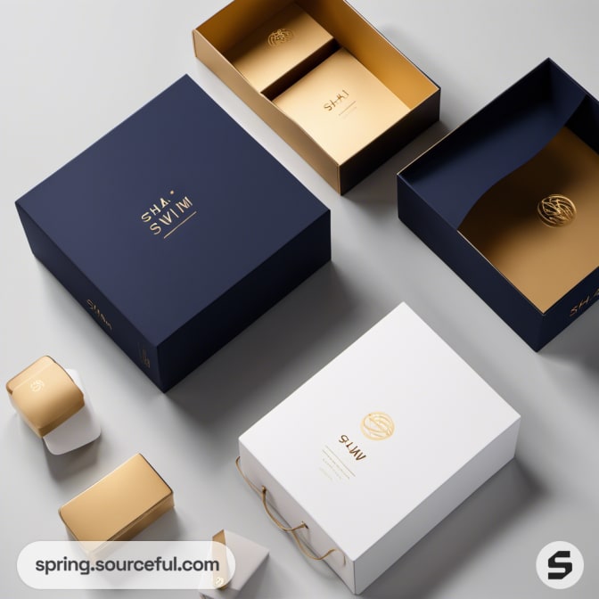 Navy and gold packaging boxes with lid and interior accents.