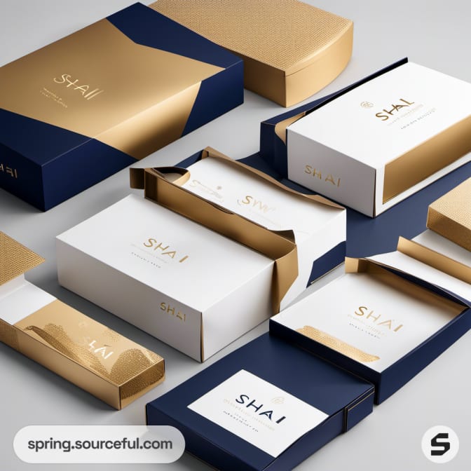 Sophisticated packaging in navy and gold, with various box styles and dimensions.