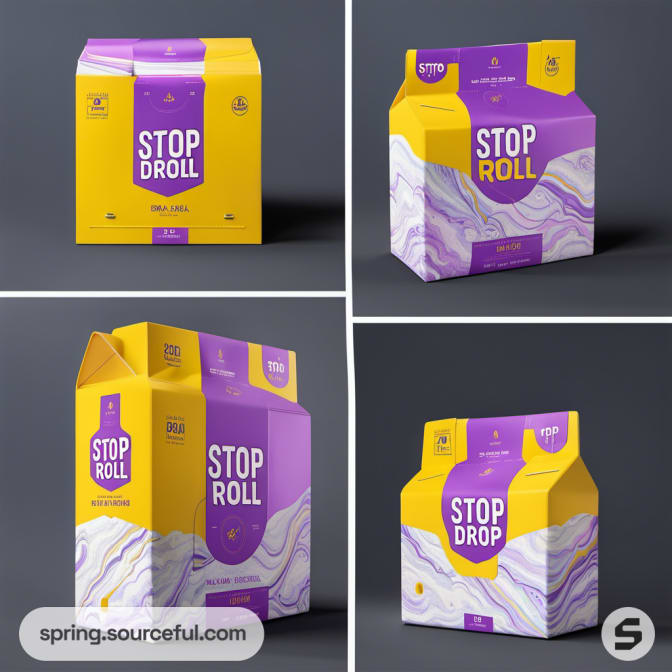 Colorful resealable pouches with bold Stop Drop design on gray background.