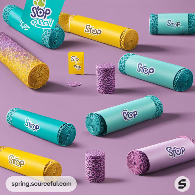 Vibrant packaging with yellow and aqua rolled products on pink surface.