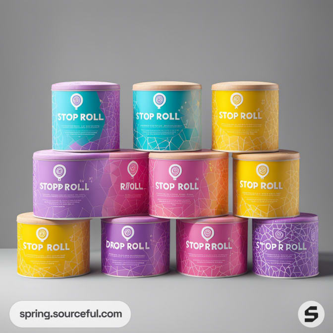 Stacked cylindrical containers in pastel colors with Stop Roll branding.