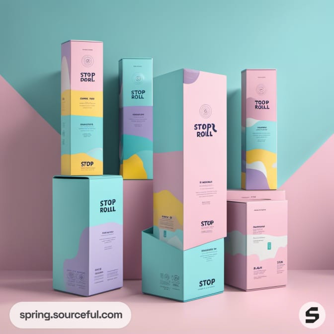 Tall pastel-toned boxes with minimalist Stop Roll design on geometric backdrop.