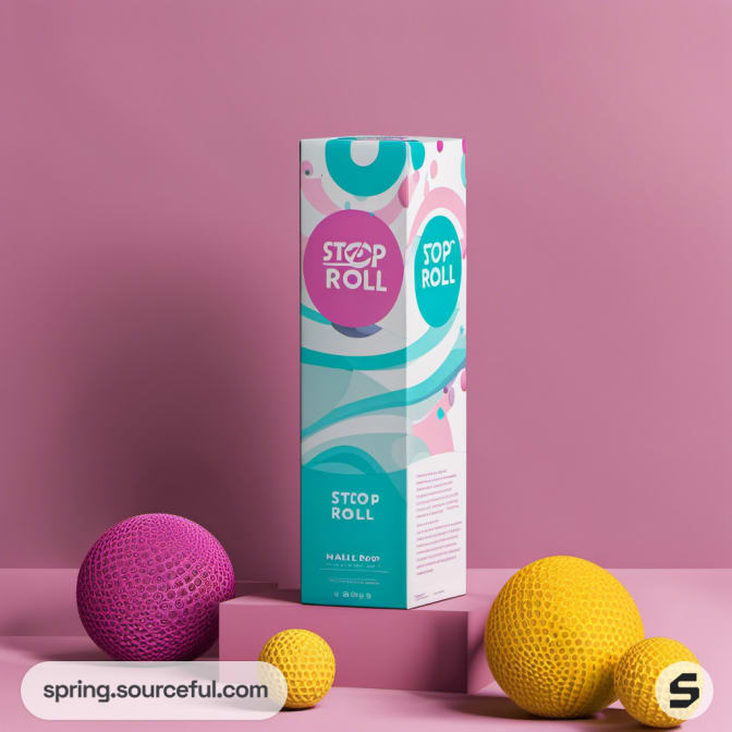Tall aqua and pink box with playful design on pink background with spheres.