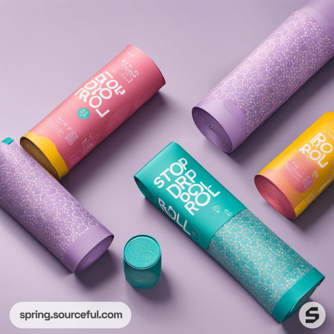 Cylindrical containers in purple and teal with Stop Drop Roll design on gray.