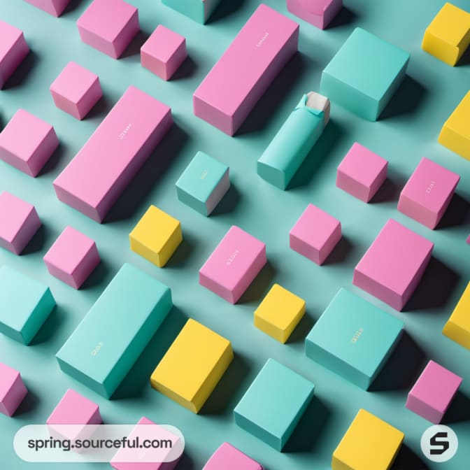 Pastel-colored rectangular boxes arranged on a teal surface.