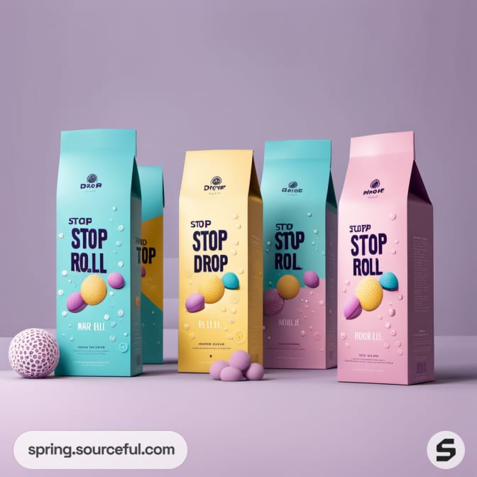 Tall rectangular boxes in pastel hues with bold Stop Roll logo.