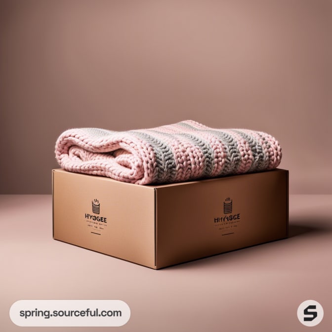 Folded knitted blanket on a brown rectangular box with subtle branding.