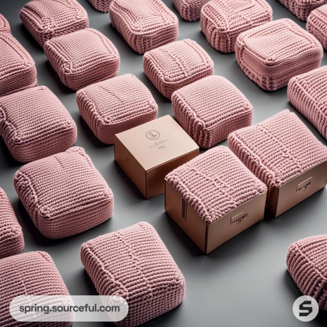 Rows of textured pink knitted pouches and two brown square boxes on a grey surface.