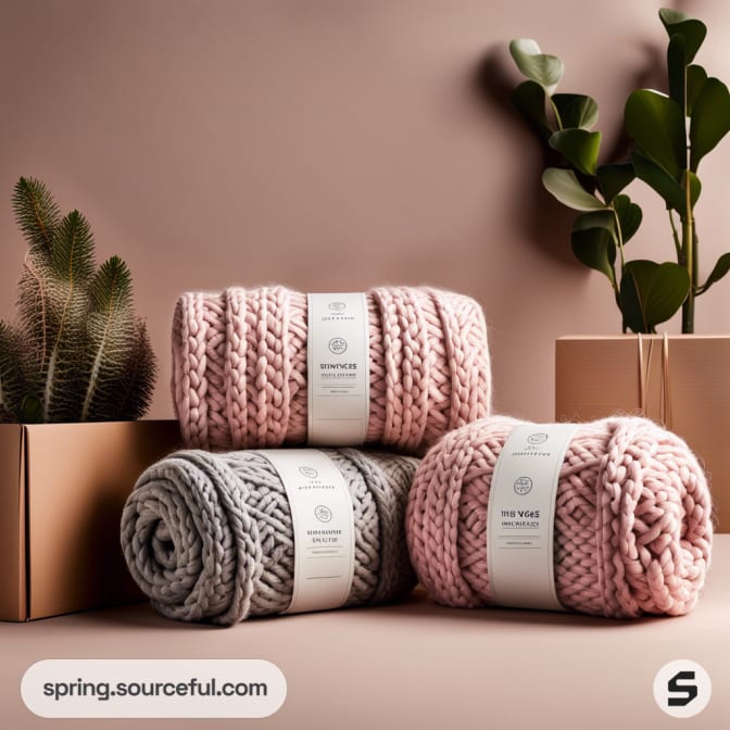 Pink and grey chunky knit throws with labels on a brown surface, accompanied by potted plants.