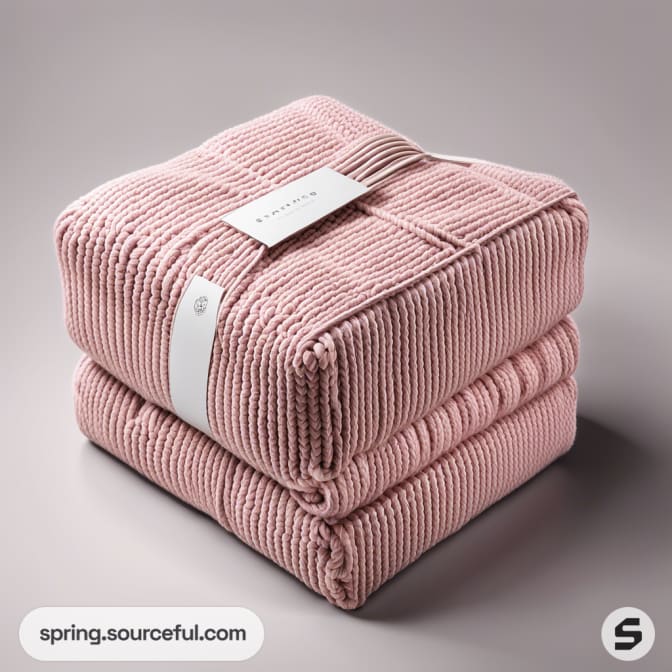 Pink knitted blankets stacked on a light surface with a white label band.