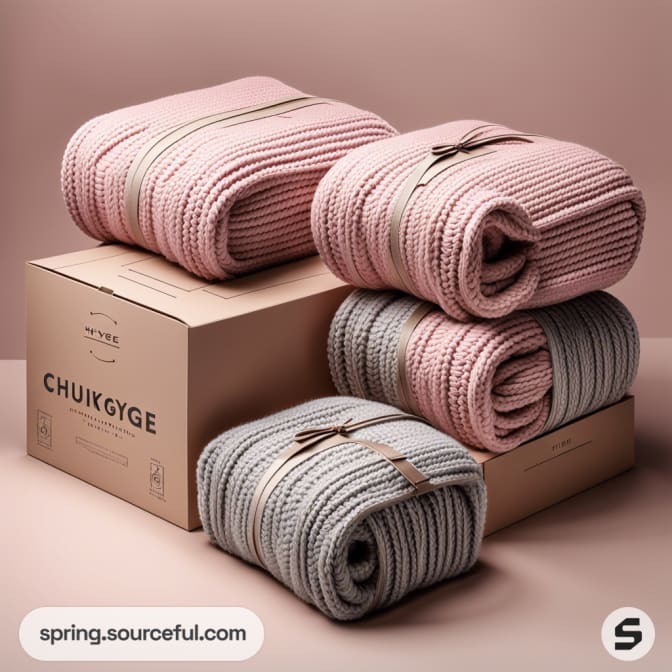 Folded pink and gray knitted blankets on cardboard boxes against a beige background.