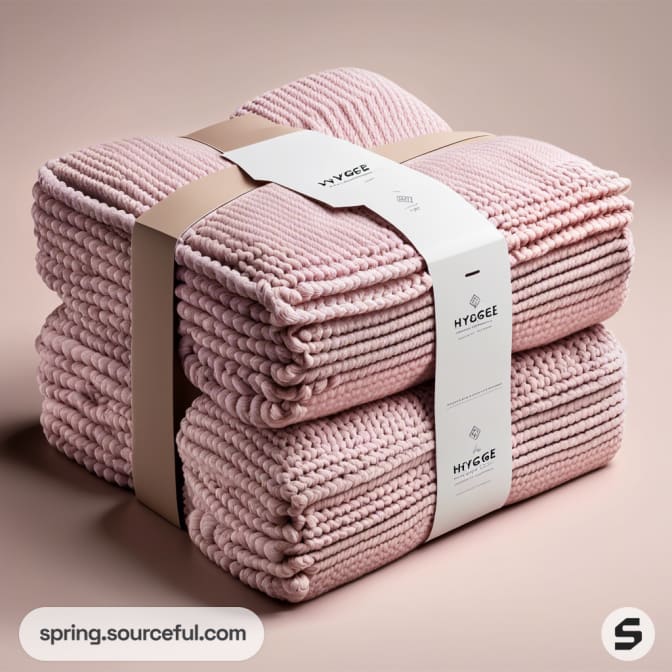 Stack of pink knitted blankets with white labels and beige paper bands on a neutral background.